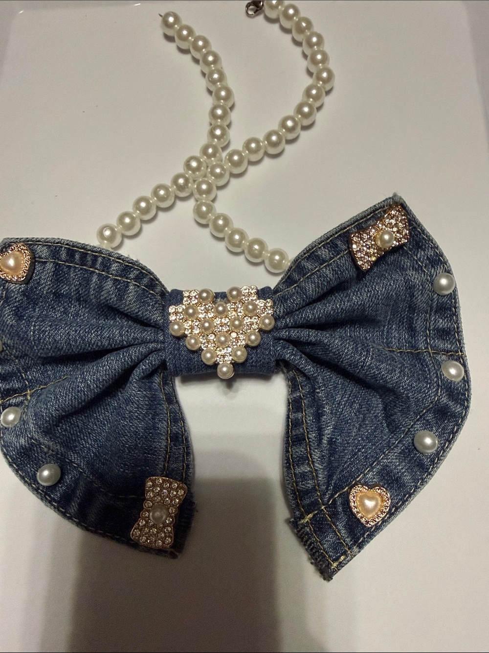 Denim Pearl Bow Necklace - Blue and White